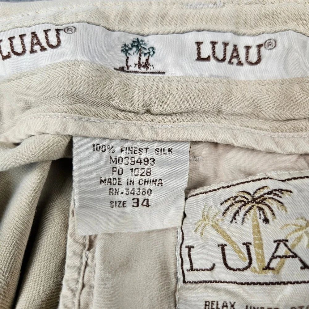 LUAU Mens 34 Silk Pleated Trousers Tan Khaki Herringbone Relaxed Island Pants
